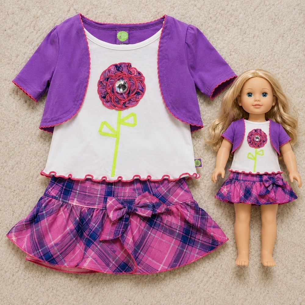 Dollie & Me Girls 6X Matching Outfit Set Purple Pink Plaid Skirt Bolero 3 PC NEW